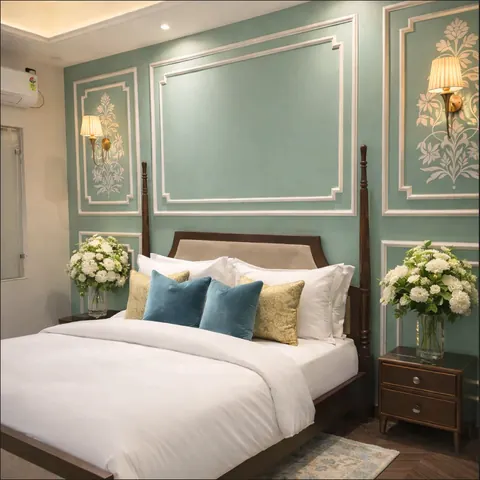 Premium King bed dressed with fresh flowers and layered linen