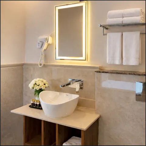Standard Room bathroom with a lit mirror and vessel basin
